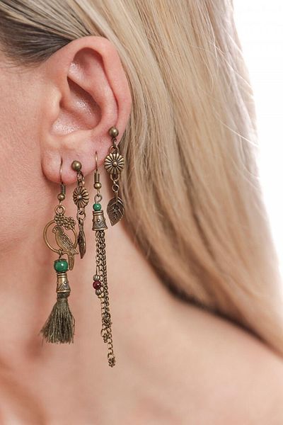 AKIN AKSESUAR HEDİYELİK Set of 4 Authentic Earrings with Tassels and Leaf and Bird Figures