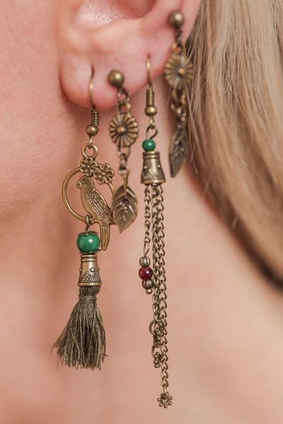 AKIN AKSESUAR HEDİYELİK Set of 4 Authentic Earrings with Tassels and Leaf and Bird Figures