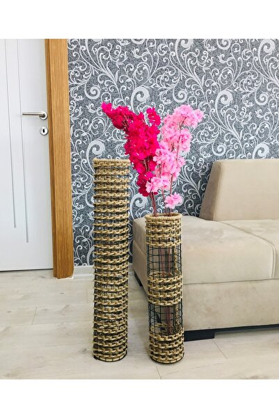 Asenya Hasır Örgü Vazo 2 Li Set 50 Cm Ve 70 Cm Çiçeklik Yapay Çiçek Vazosu De...