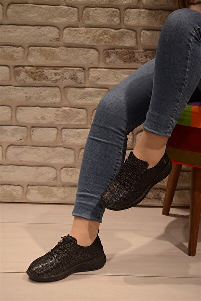 Isy Kadın Siyah Sim Baskılı Ortopedi Deri Spor Ayakkabı