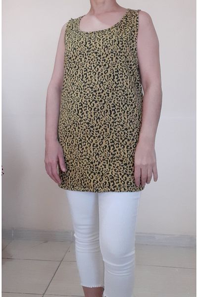 Mertcan Butik Leopard Patterned Combed Knitted Thick Strap T-Shirt