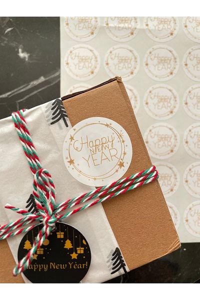 Hayal.kirtasiyesi New Year Series - 35 Happy New Year Stickers, 4 Cm, Gold Cover