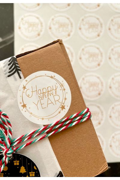 Hayal.kirtasiyesi New Year Series - 35 Happy New Year Stickers, 4 Cm, Gold Cover