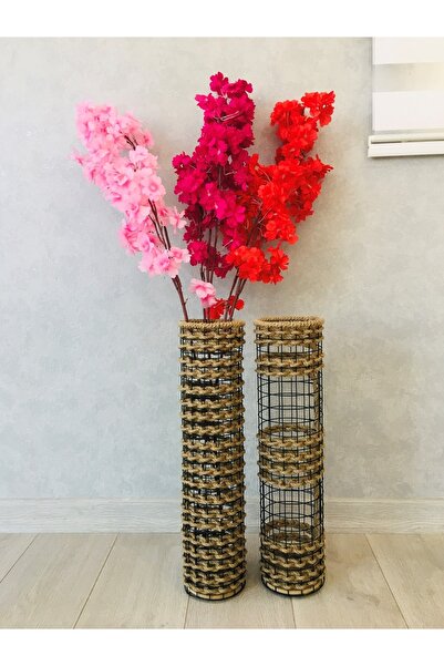 Asenya Hasır Örgü Vazo 2 Li Set 50 Cm Ve 50 Cm Çiçeklik Yapay Çiçek Vazosu De...