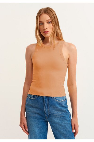 MİSS M.A.T FASHİON Women's Mustard Ribbed T-Shirt Halter Neck Knitted Undershirt