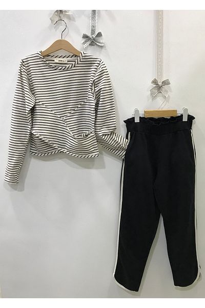 Çikoby Girl's Striped Crop Black Striped Bottom Set