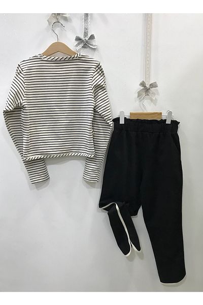 Çikoby Girl's Striped Crop Black Striped Bottom Set