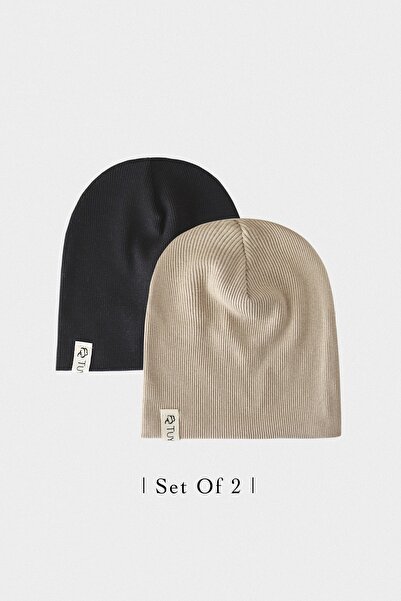 Doğan Collection Black - Camel 2-Piece Rib Beanie