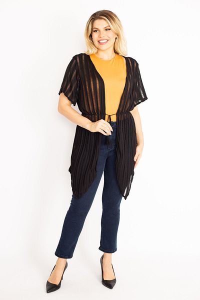 Şans Damen-Cardigan, groß, schwarz, Taille, elastisch, detailliert, kurzärmelig, 65n35014
