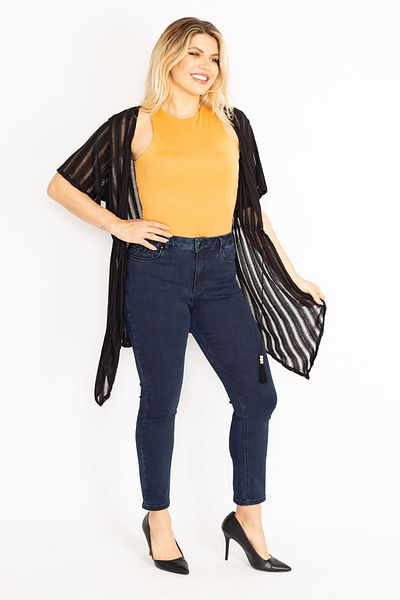 Şans Damen-Cardigan, groß, schwarz, Taille, elastisch, detailliert, kurzärmelig, 65n35014