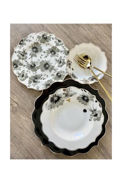 Pink&More Pink & More Lüx Bone Porselen Black Rosax 24 Parça Yemek Takımı