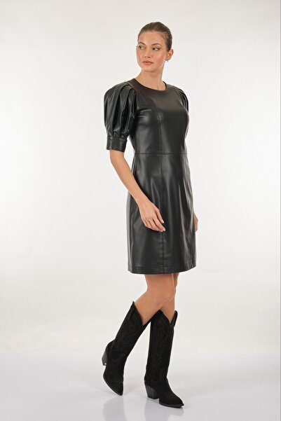 Ekol Bisiklet Yaka Deri Balon Kol Siyah Kadın Elbise 22204045