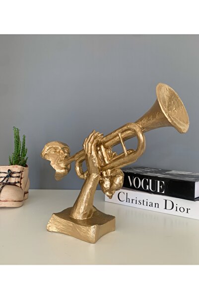 LivadoHome Trompet Müzisyen Altın Dekoratif Biblo Heykel