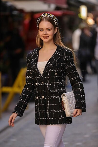 diaves Siyah Kruvaze Ekose Tuvit Blazer Ceket