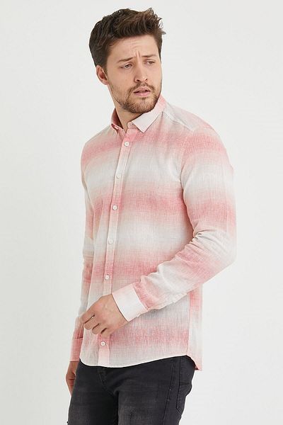 RAVANELLI Linen Red Beige Striped Slim Fit Long Sleeve Shirt