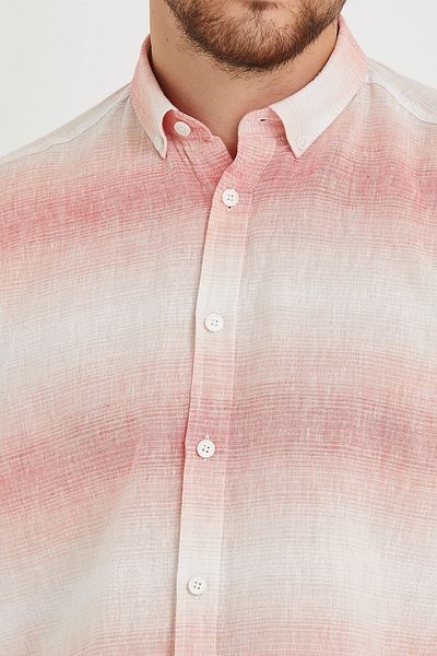 RAVANELLI Linen Red Beige Striped Slim Fit Long Sleeve Shirt