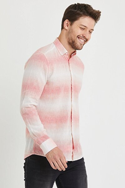 RAVANELLI Linen Red Beige Striped Slim Fit Long Sleeve Shirt