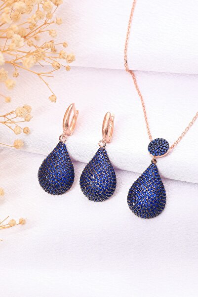 LINTERNA 925 Ayar Gümüş Safir Taşlı Damla Kolye Küpe Set