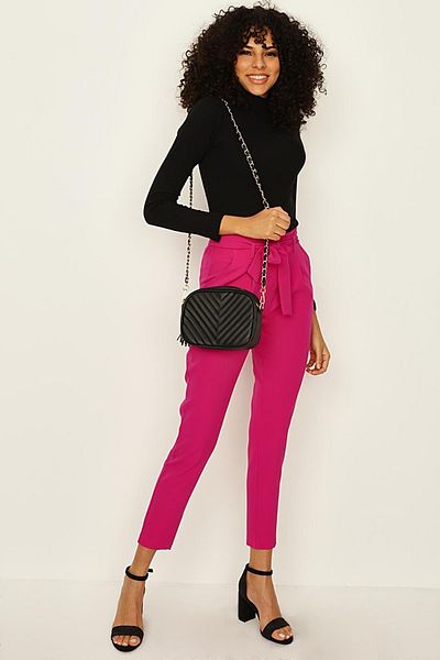 Select Moda Women's Pink Belted Ankle Length Cigarette Pants