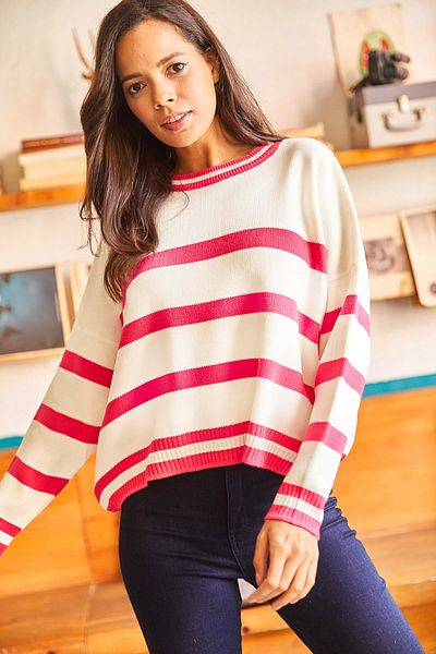 Olalook Pulover oversize tricot crop pentru femei cu dungi fucsia KZK-19000476