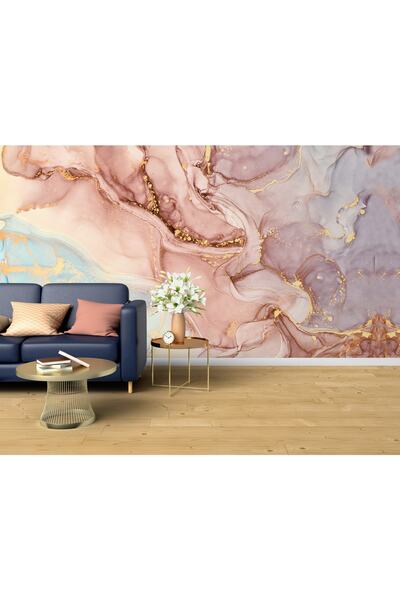 LOTUS AURA Pembe Mermer Görünümlü Duvar Kağıdı, Mavi Gold Mermer Desenli Duvar Resmi