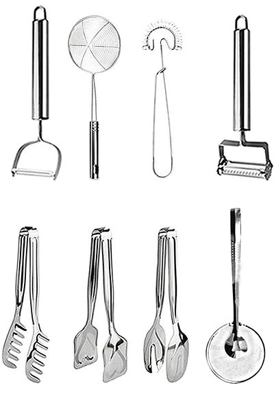 Trouvaille 8 Piece Julienne Peeler, Colander, Beater, Salad, Cake, Pasta Tongs, Frying Colander Dowry Set