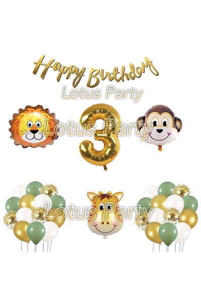 LOTUS PARTY Safari Themed 3 Year Old Birthday Set 30 Balloon 3 Pieces Animal Figure Foil Balloon Happy Birthday Face