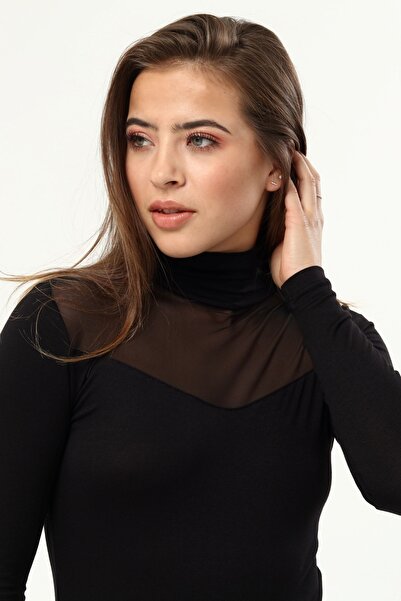 KİM Kİ O Bluză neagră pentru femei cu jumătate de pescar cu fereastră în față