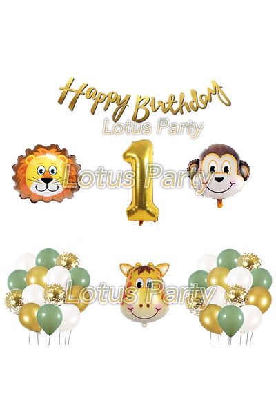 LOTUS PARTY Safari Themed 1 Year Birthday Set 30 Balloon 3 Pieces Animal Figure Foil Balloon Happy Birthday Face