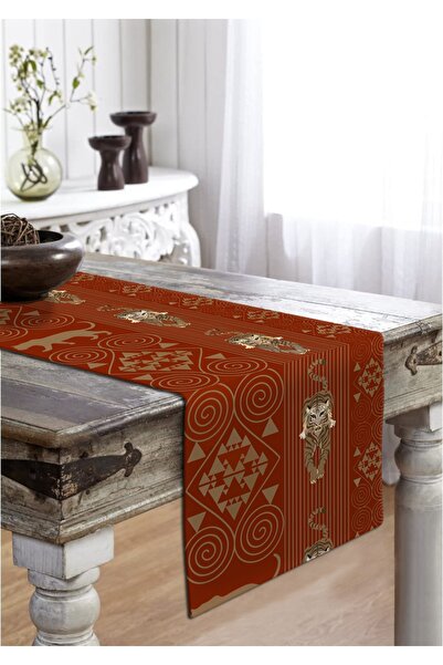 Jungle Modern Dekoratif Afrika Kaplan Figürlü Etnik Desenli Bakır Renkli Runner