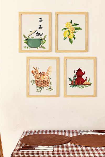 Ayışığı Dizayn Set de 4 picturi cu rama din lemn natural pentru bucatarie, ceai, paine, lamaie
