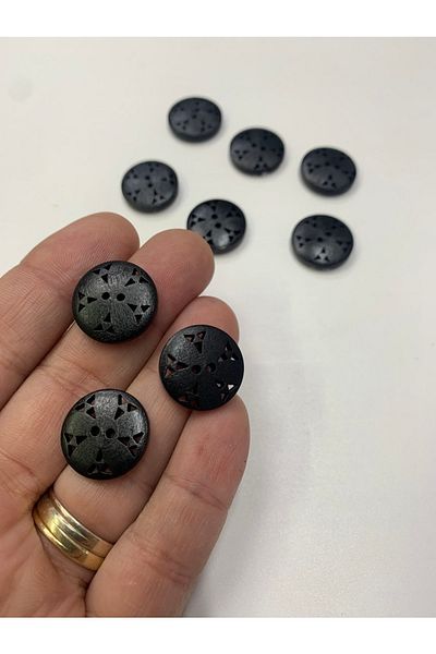 Rengarenk tuhafiye ve hobi Button Wooden Black Raw Patterned Button 10 Pieces
