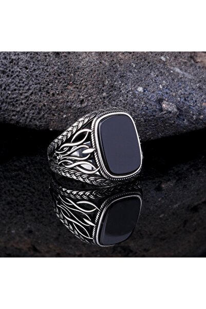Tesbihsepetim 925 Ayar Gümüş Onıx Taşlı Desen Motifli Yüzük
