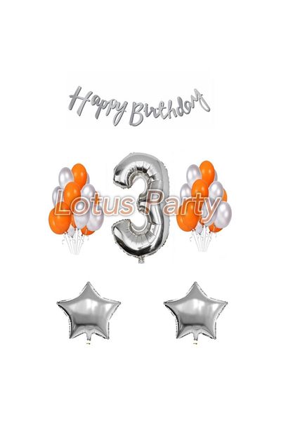 LOTUS PARTY 3 Year Old Birthday Set 1 Number Balloon 20 Pieces Silver - Orange Balloon 2 Star Balloon Happy Birthday Lettering