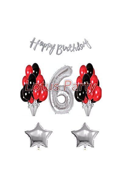 LOTUS PARTY 6 Year Old Birthday Set 1 Number Balloon 20 Pieces Black - Red Ba...
