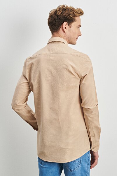 ALTINYILDIZ CLASSICS Erkek Bej Slim Fit Dar Kesim Düğmeli Yaka %100 Pamuk Desenli Gömlek