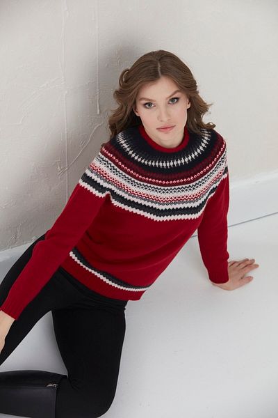 Desen Triko Women's Crew Neck Embroidered Patterned Wool Sweater 0242086 Red