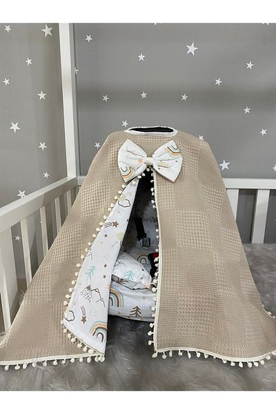 Jaju Baby مجموعة من 3 قطع من غطاء عربة الأطفال ووسادة عربة الأطفال بنمط الوافل والجبال