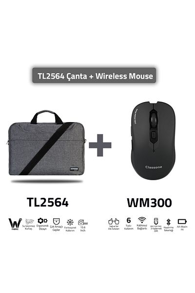 Classone Tl2564-wm300-15,6 "قماش مقاوم للماء، كمبيوتر محمول، حقيبة كمبيوتر محمول-أسود + ماوس لاسلكي wm300