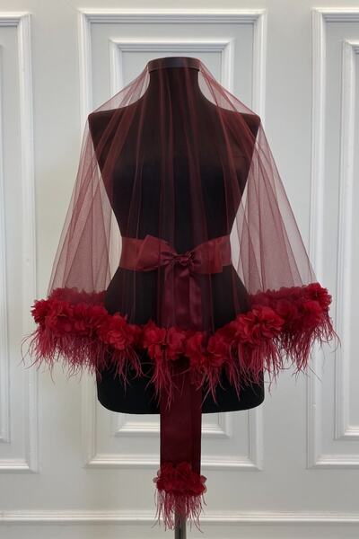 ZEYMERADE Bordo Lüks Gelin Duvak Seti, Tüy Ve Üç Boyutlu Lazer Çiçekli, Kına ...