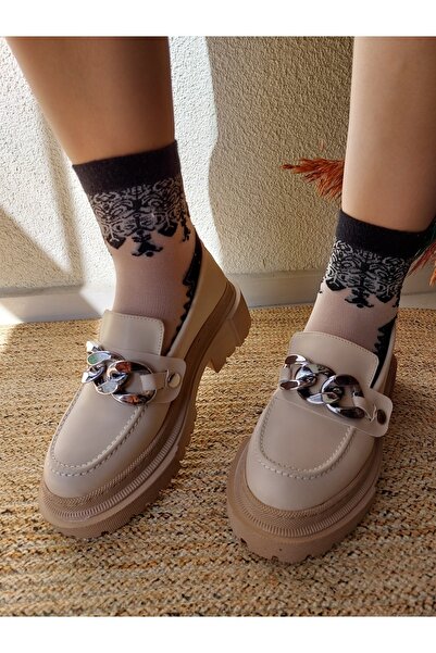 Labella Kadın 2 Farklı Tokalı Cilt Rugan Loafer Ayakkabı Bej Okula Dönüş