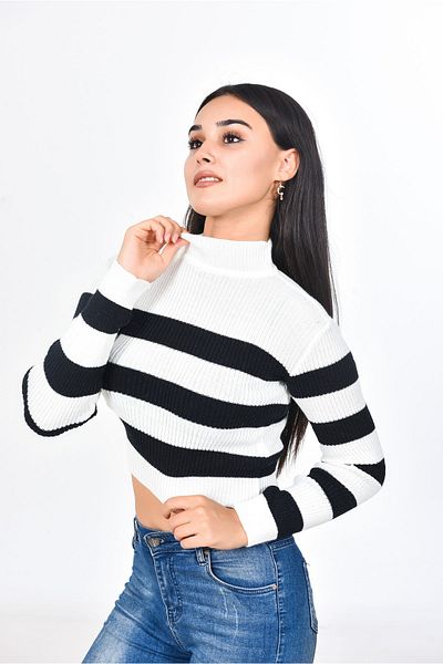 Dier Moda Tricotaj de damă Pulover crop cu dungi Half Fisherman