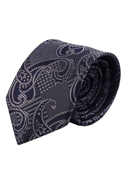 Esgue Hand Made 7.5 Cm Shawl Pattern Gray & Navy Blue Tie & Handkerchief