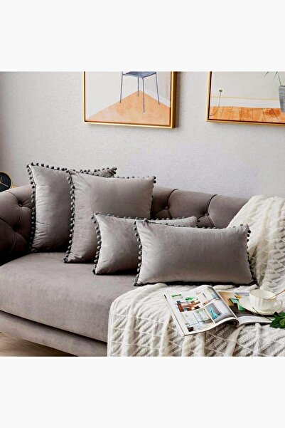 Bc Home 2'li Gri Minik Ponponlu Yumuşak Dokulu Kırlent Kılıfı Seti Sade ,düz, 2 Adet ,ıskandinav,bohem