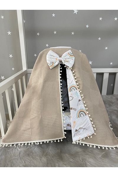 Jaju Baby Brown Waffle Pique and Mountain Pattern Design Pompom Poncho Model Stroller Cover and Sheet