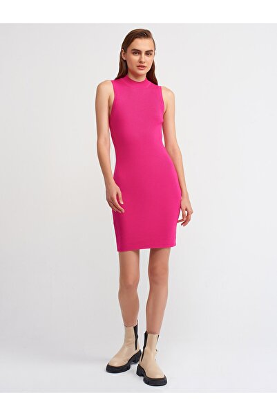 Dilvin 90127 فستان تريكو نصف صياد بدون أكمام-فوشيا