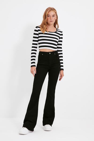 LİMABEL Flared Leg Jeans Colorfast Black Flared Jeans High Waist Denim Trousers