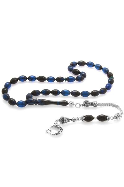 Tesbihane Ayyıldız Kararmaz Metal Püsküllü Arpa Kesim Mavi-siyah Sıkma Kehribar Tesbih