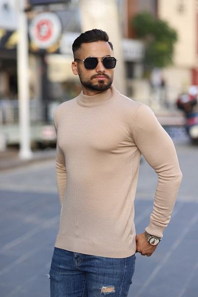 mavisima erkek giyimi Ανδρικό μπεζ μονόχρωμο πουλόβερ με μισό ζιβάγκο
