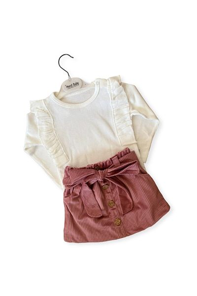 Murat Baby Girl's White Bodysuit and Velvet Skirt Double Stylish Set